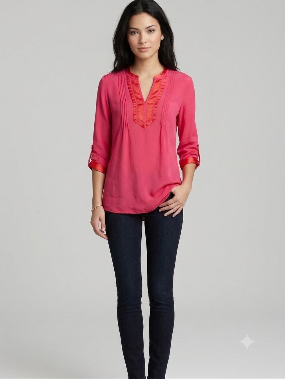 Calvin Klein Jeans Pink Viscose Tunic Blouse Satin Trim Roll Tab Sleeve S Boho